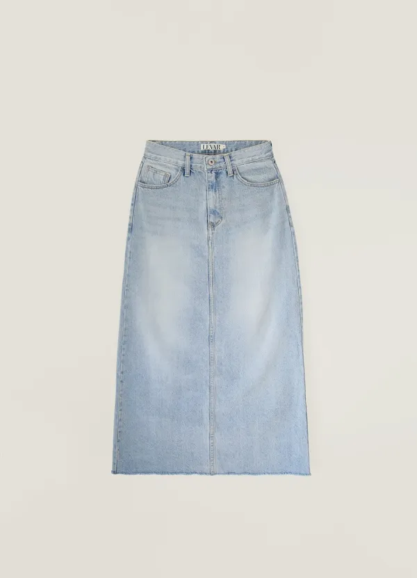 Rear-Slit Denim Long Skirt - Light Blue