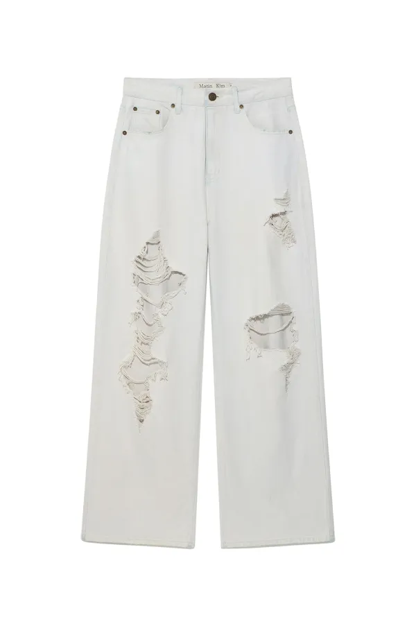 DAMAGE POINT WASHED WIDE DENIM PANTS IN LIGHT GREY