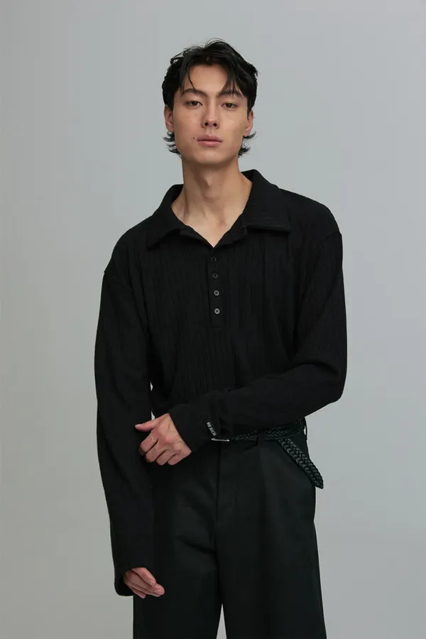 RIBBED BUTTON-PLACKET KNIT TOP BLACK
