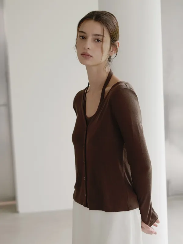 Combination wool cardigan - Brown