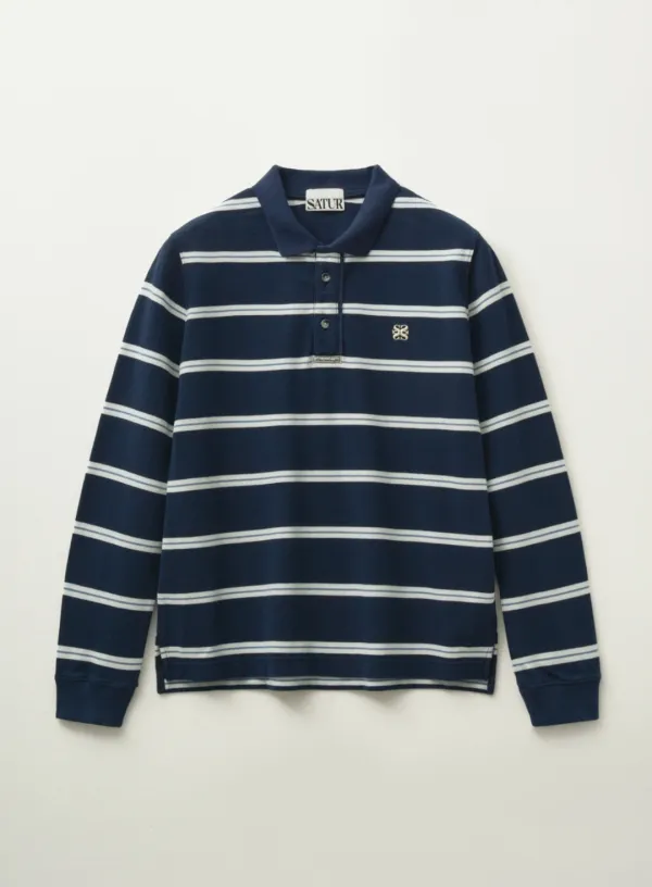 (W) Stripe Pique Polo Long Sleeve - Navy