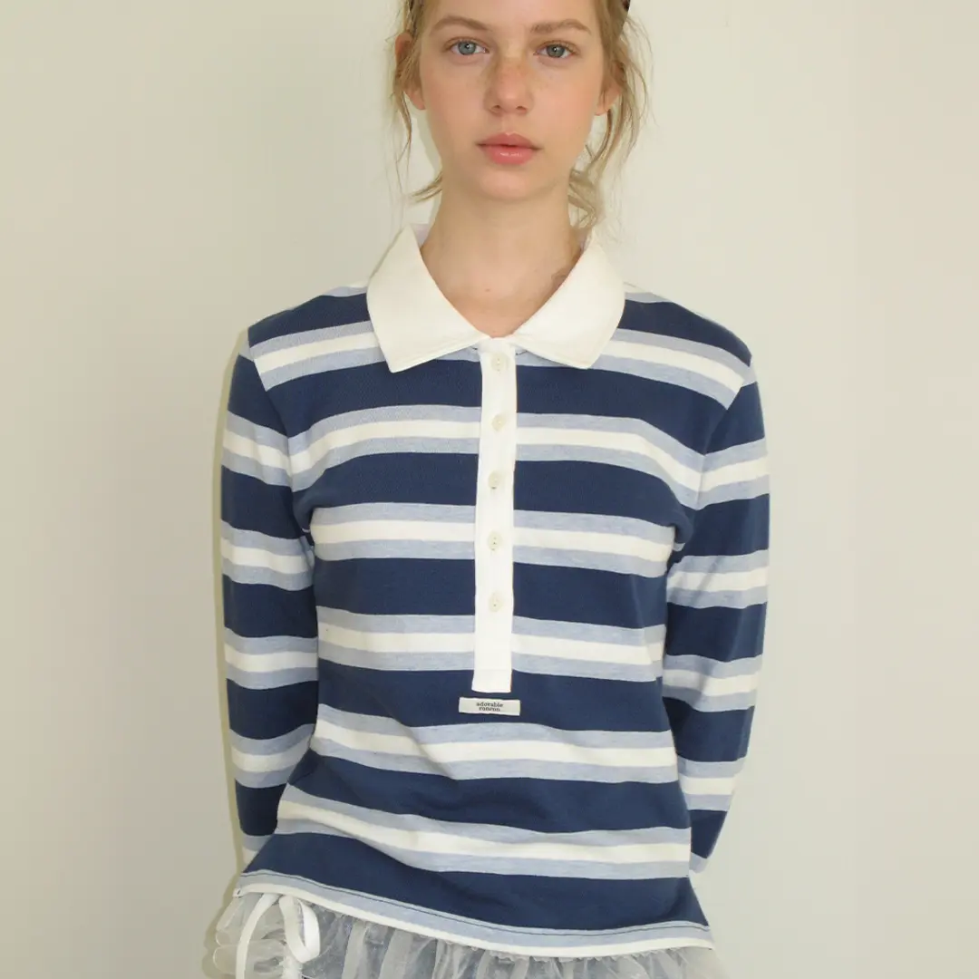론론 HENRYNECK COLLAR SLIM LONG SLEEVE BLUE STRIPE 상품 이미지 2