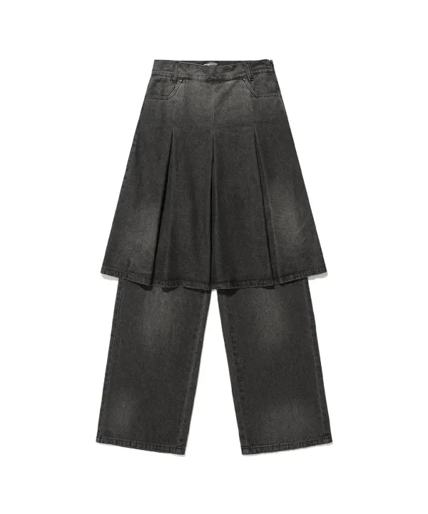 denim pleats layered skirt pants[black]