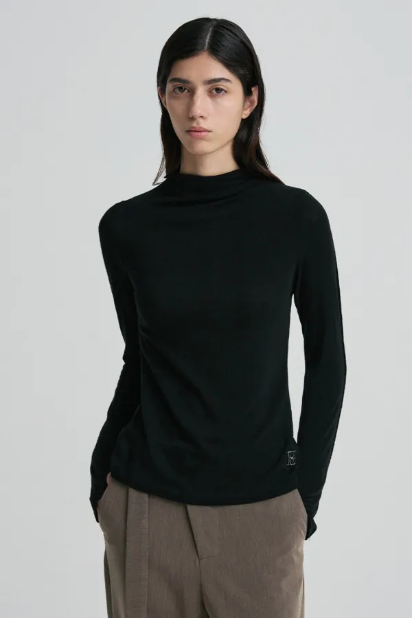 WOOL BLEND MOCK-NECK TOP BLACK