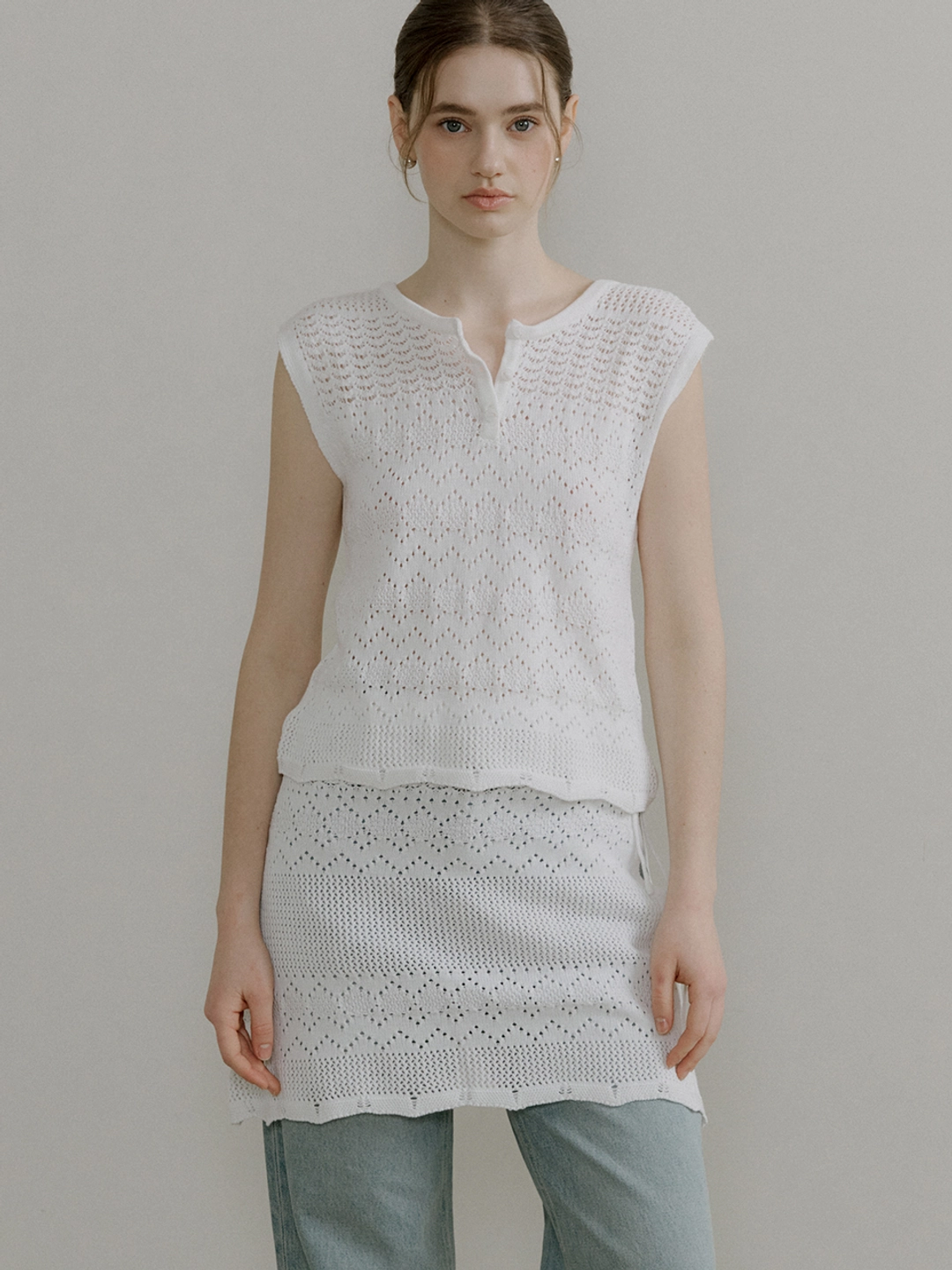 아워코모스 comos 1398 (set) back ribbon punching knit (ivory)+layered punching knit skirt (ivory) 상품 이미지 2