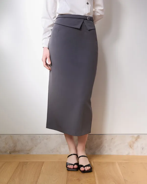 Classic belted H line long skirt - charcoal