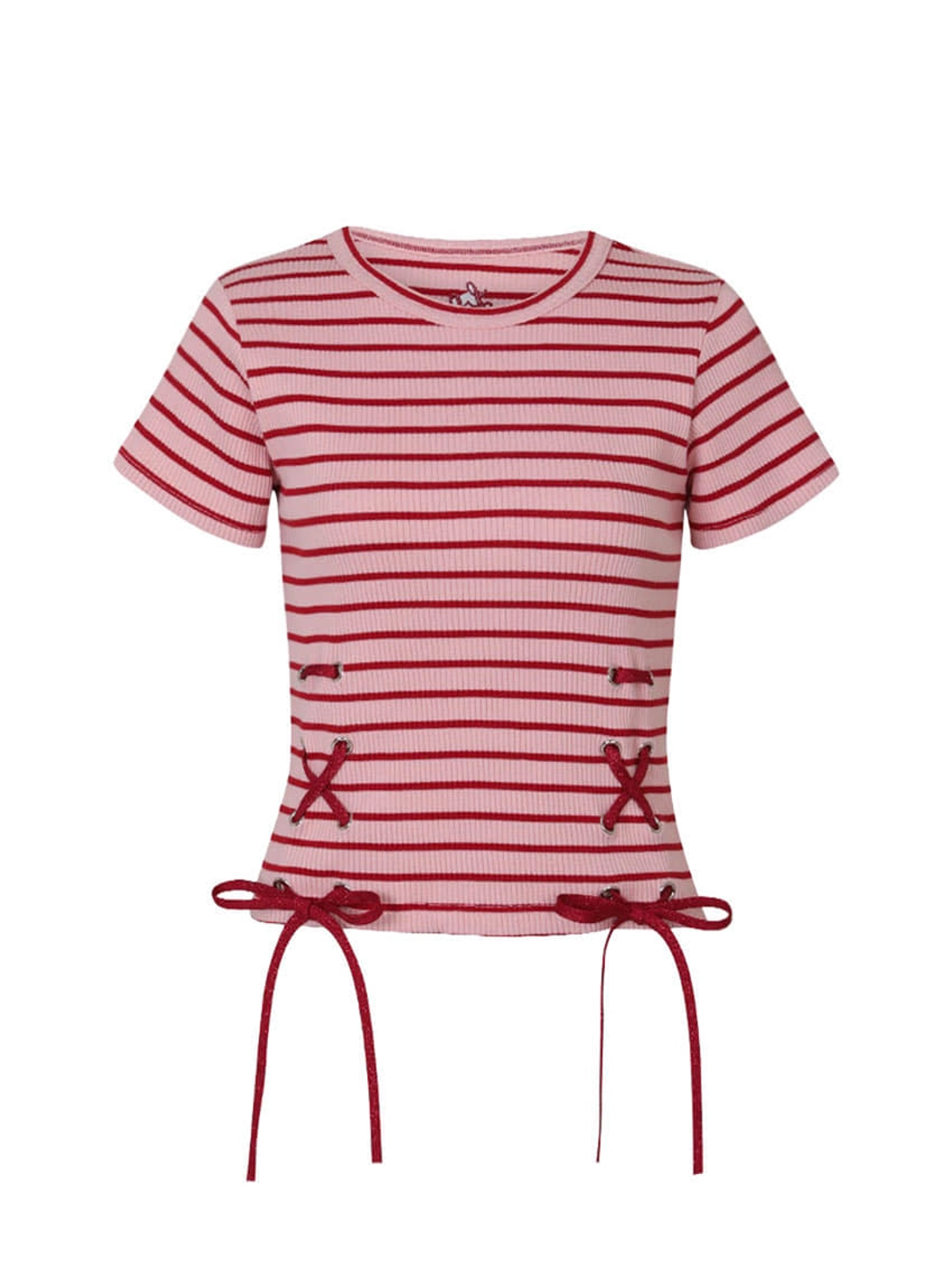 루루서울 Stripe Ribbon Eyelet Top (Pink) 상품 이미지 1
