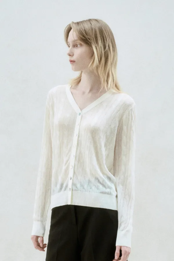 LINEN BLEND CABLE KNIT SHEER CARDIGAN CREAM
