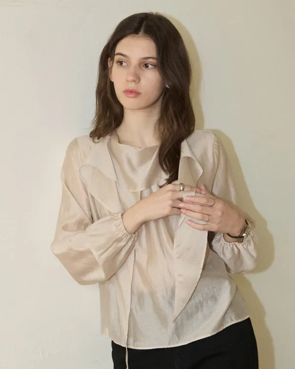 Ruffle scarf neck pintuck blouse - pink beige