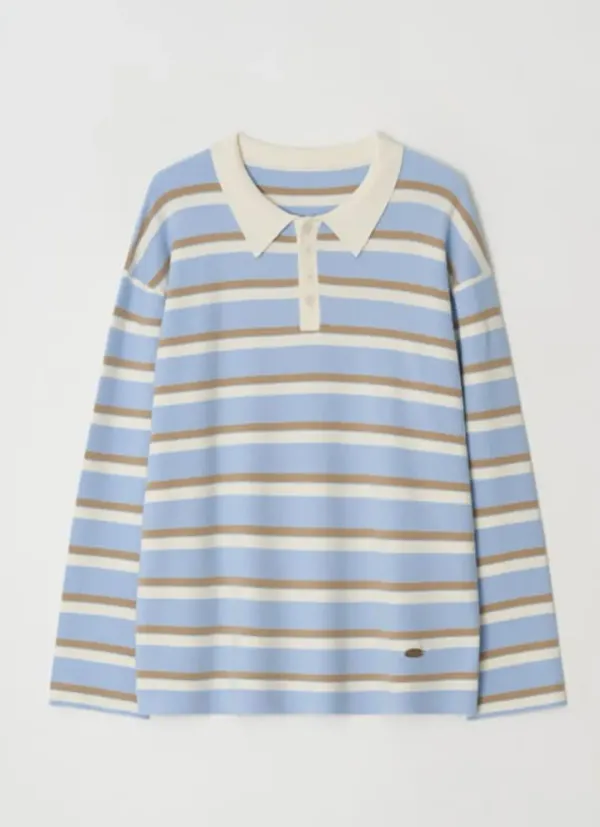 RUGBY COLLAR LOOSE FIT LONG SLEEVE KNIT BLUE CREAM STRIPE