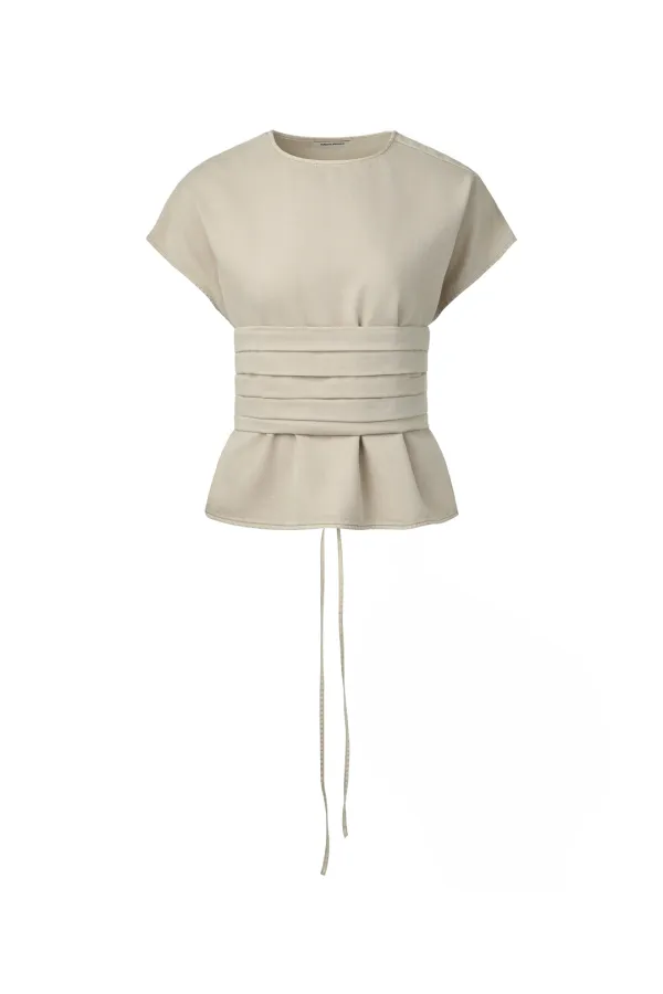 GARMENT-DYED SOFT DENIM SNAP BLOUSE & PINTUCK BUSTIER SET UP [BEIGE]
