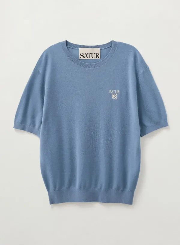 Light Weight Crew Neck Half Knit - Blue