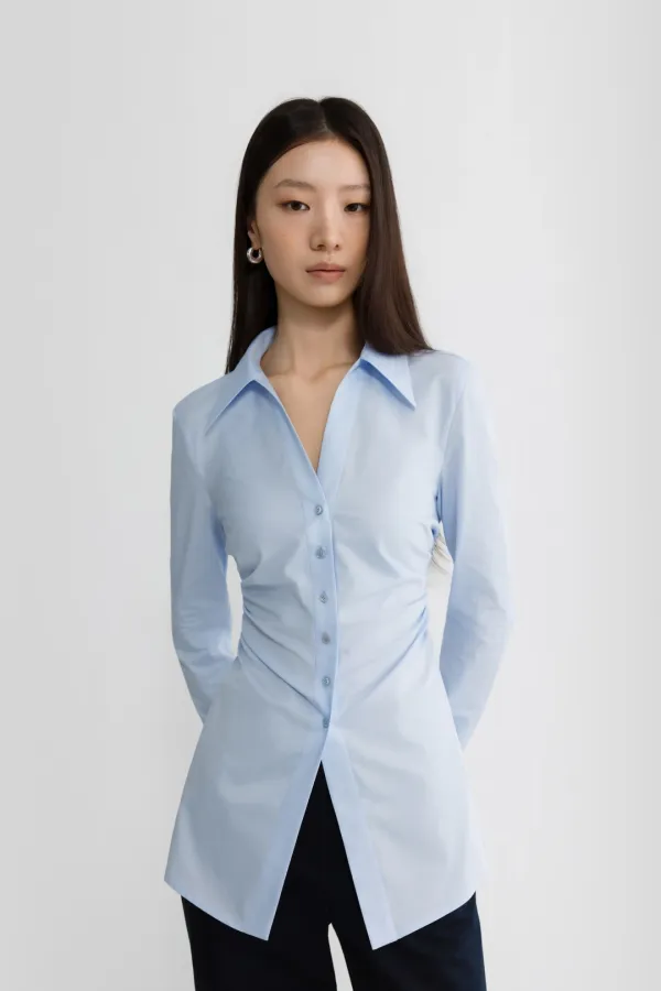 COTTON SLIM OPEN COLLAR BLOUSE - BLUE