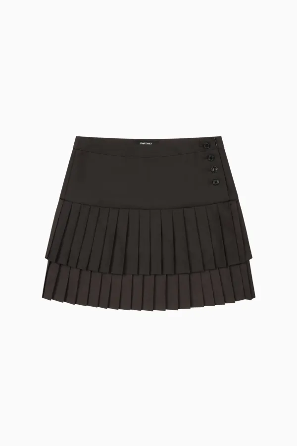 SIDE BUTTON DOUBLE PLEATED MINI SKIRT, BROWN