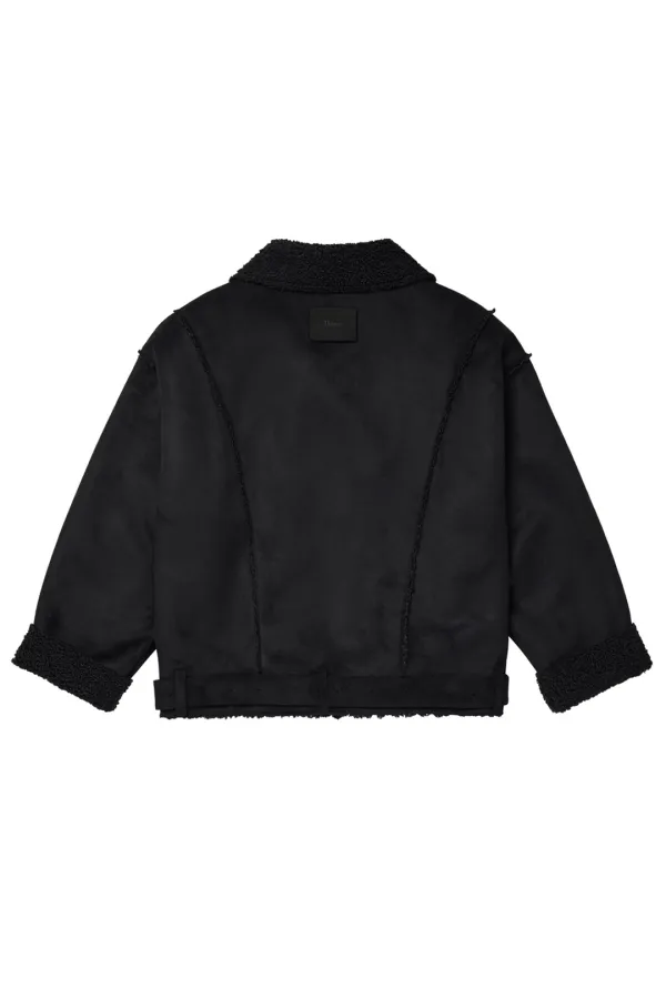 BUTTON UP BELTED SHEARLING JACKET IN BLACK