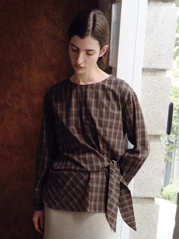 NUA CHECK WRAP BLOUSE_BROWN