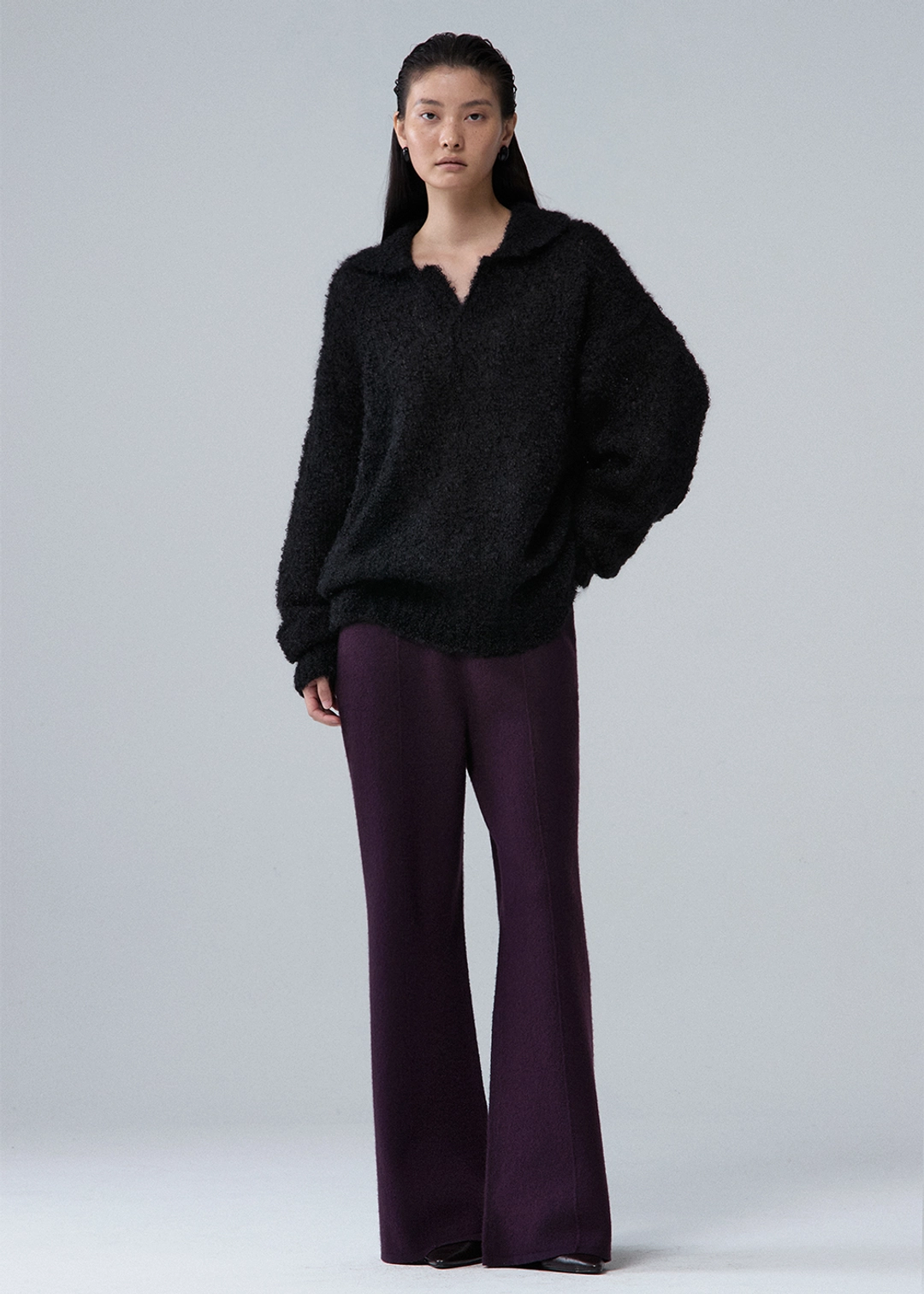 우마뭉 Pure merino boiled wool semi bell bottom pant_Black berry 상품 이미지 2