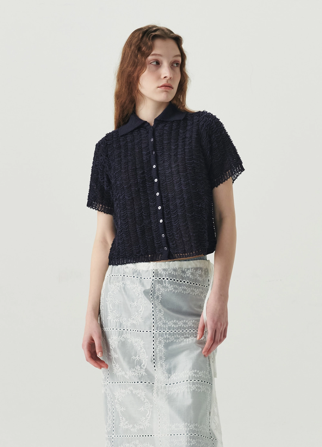르바 Lace Jacquard Linen Knit Shirt - Navy 상품 이미지 2