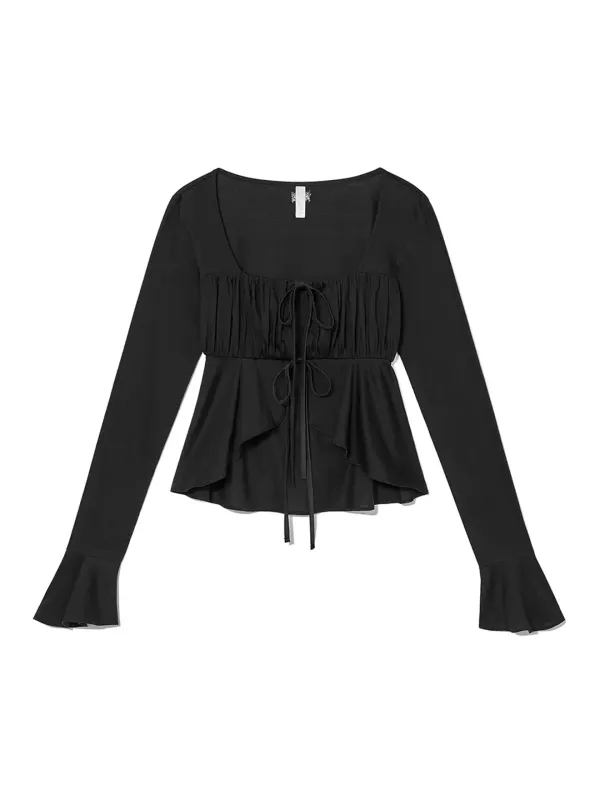 Shirring Tie Blouse Black