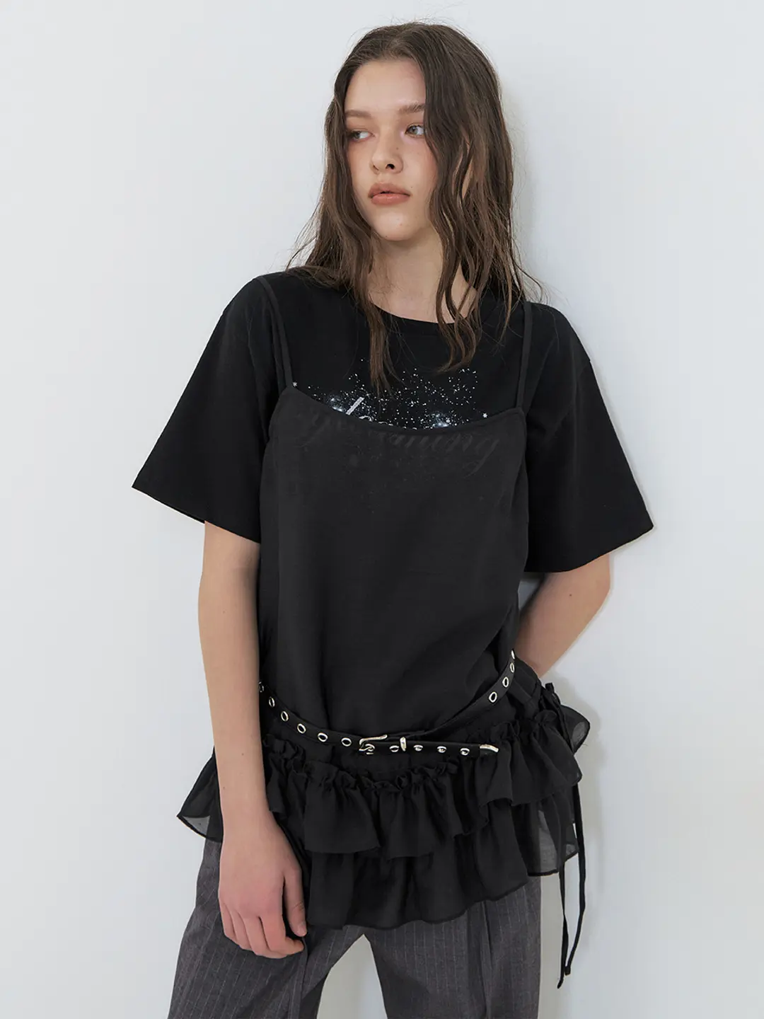 에트몽 Slip Frill Blouse, Black 상품 이미지 1