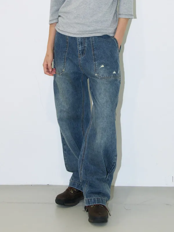 (9/16 예약배송) Vintage Pocket Loose Jeans [Mid Blue]