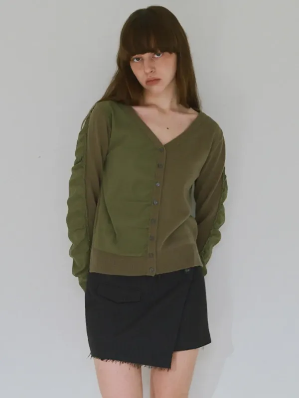 Mixed Shirring Cardigan [Khaki]