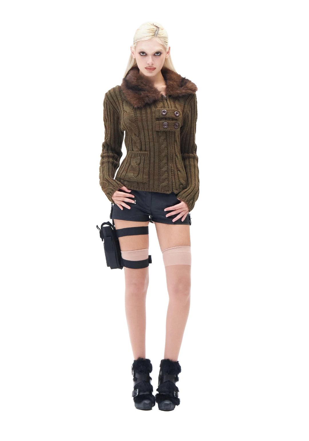 힐다 Fur Collar Trail Knit Zip-up [Khaki] 상품 이미지 2
