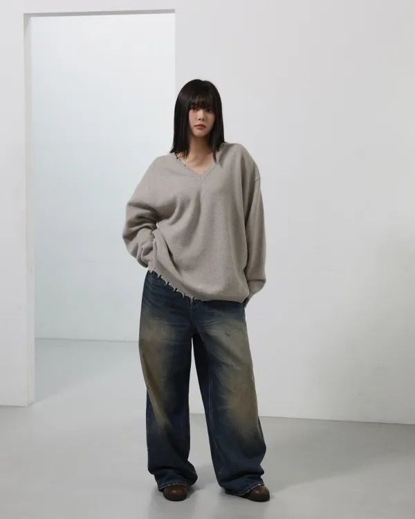 25FW camel vintage v-neck wool knit