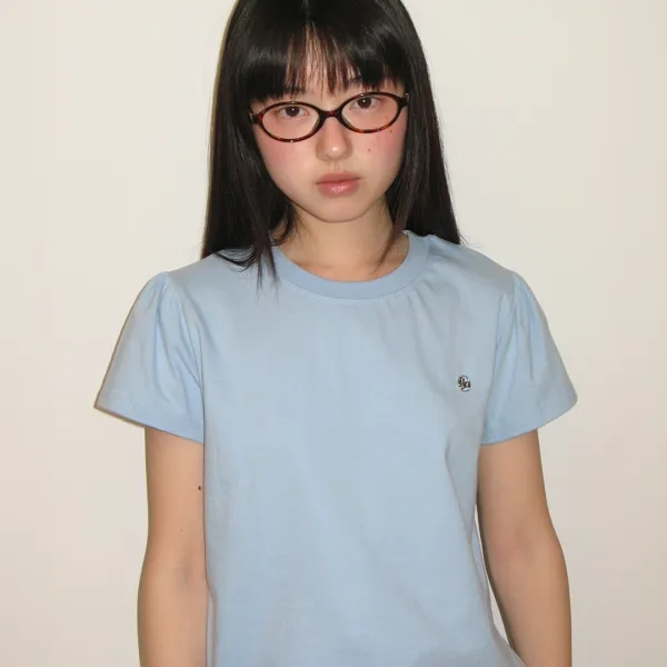 PUFF SHIRRING SHORT SLEEVE T SHIRT SOFT BLUE