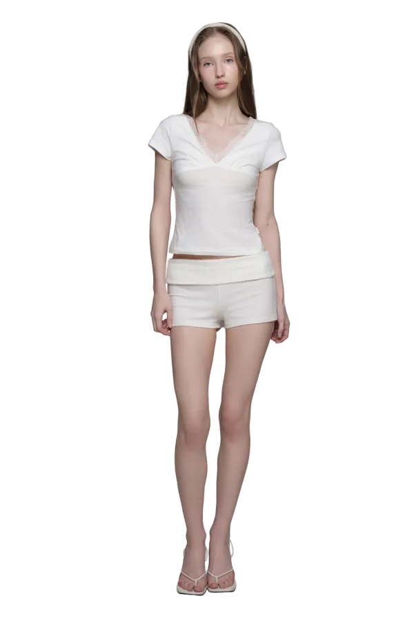 Rose tea lace v top, Ivory
