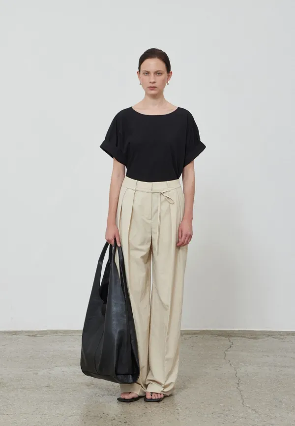 BELTED WIDE FIT TWO TUCK SLACKS - BEIGE