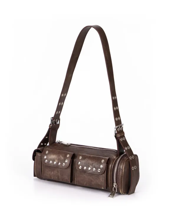 Multi Pocket Studded Shoulder Bag [Brown]