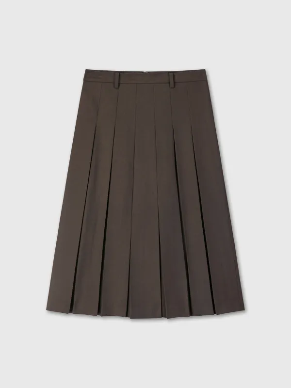 (W) WOOL PLEATED SKIRT_ BROWN