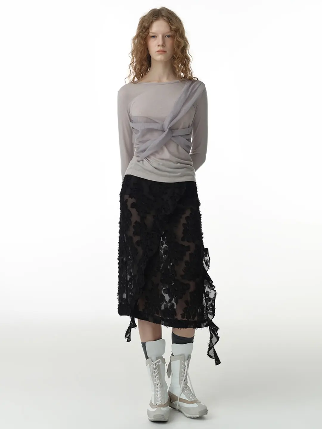 밀로 우먼 Sheer Ruffle Midi Skirt [Black] 상품 이미지 1