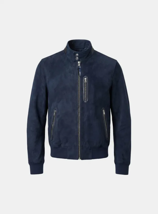 [w-jkt26-018] Arc Suede Contrast Bomber Jacket - Navy