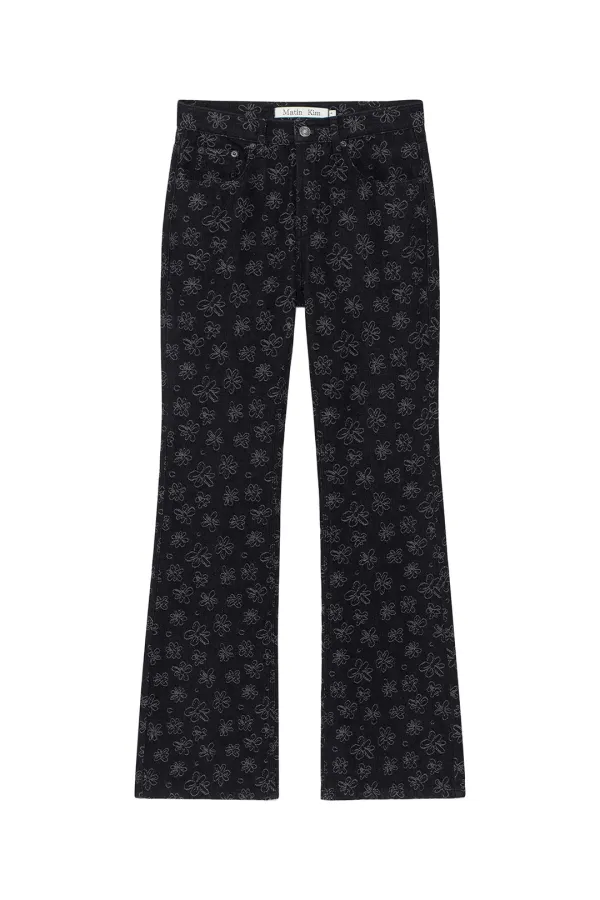 FLOWER PATTERN FLARE DENIM PANTS IN BLACK