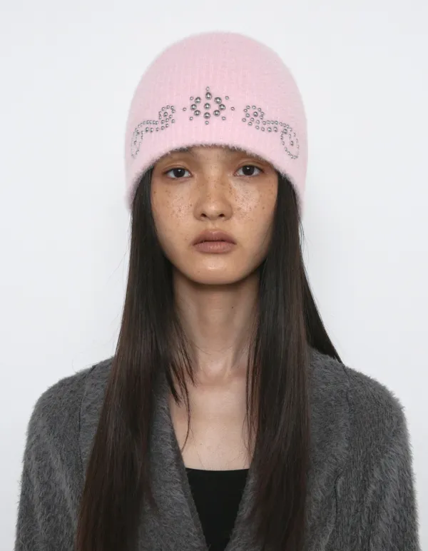 ORNAMENT FAUX ANGORA BEANIE, PINK