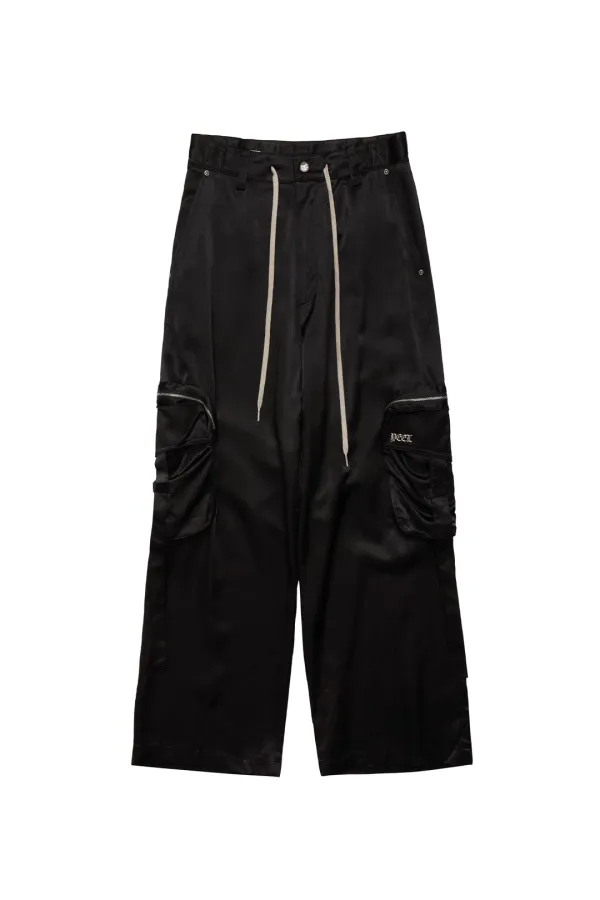 GLOSSY POCKET WIDE SLACKS BLACK