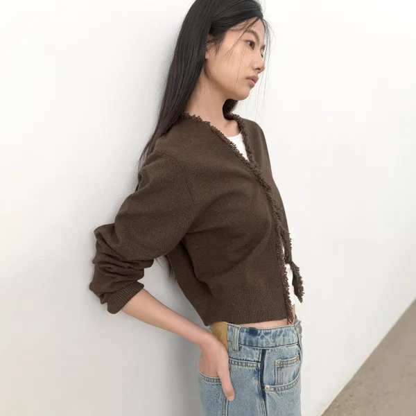 (CD-2278)FRINGE TWEED KNIT CARDIGAN