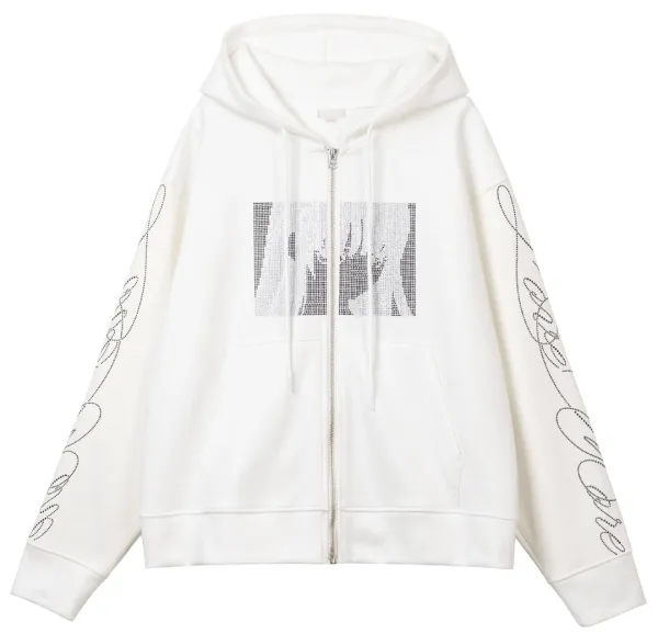 Rhinestone zip up hoodie (White)