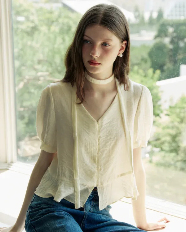 Sheer tie deep v neck blouse - cream