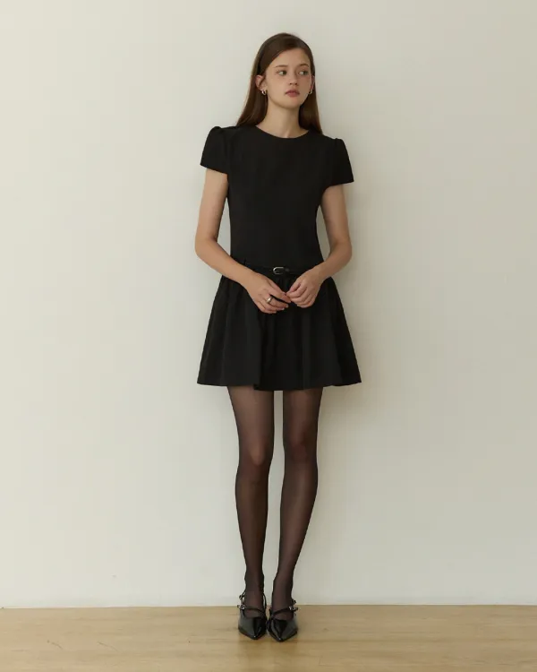 Allure cap flare belted mini dress - black
