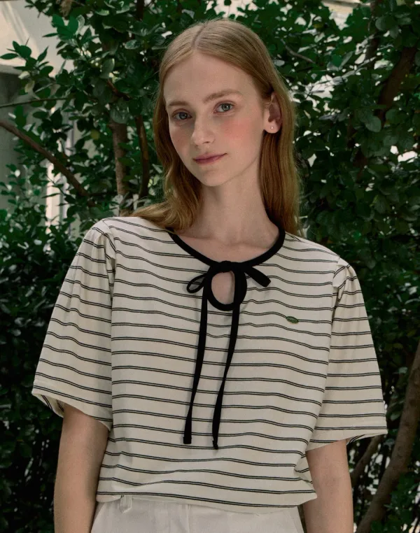Ribbon Stripe Puff Sleeve T-shirt - Black