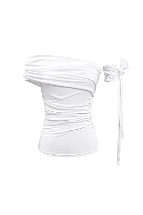 RIA ONE-SHOULDER SHIRRING TOP / WHITE