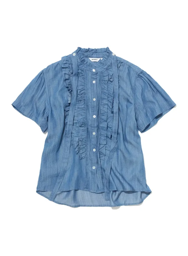 [WOMEN] SCARF RUFFLE PINTUCK BLOUSE_DENIM