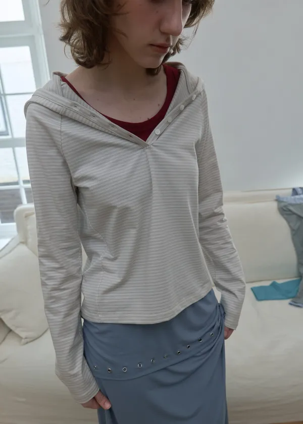 Stripe Button-Up Slim-Fit Hoodie_Light Beige