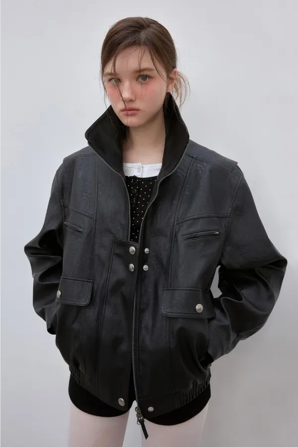 [2nd Order] ANTIQUE HIGH NECK LEATHER JUMPER (BLACK)