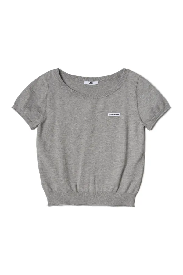 Label Knit Half Sleeve Top Grey