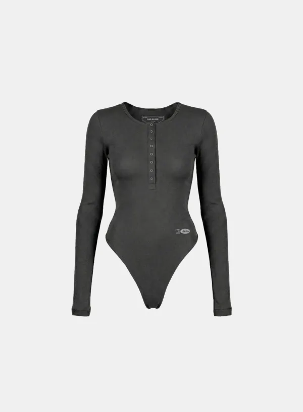 [w-jst26-003] BS Cotton Jersey Henley Neck Bodysuit - Charcoal