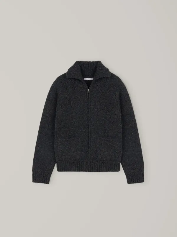Denver Wool Zip-Up Knit Cardigan - Charcoal